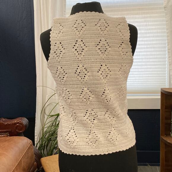 Handknit Ivory Crochet Button Front Vest Sweet! - Picture 4 of 6